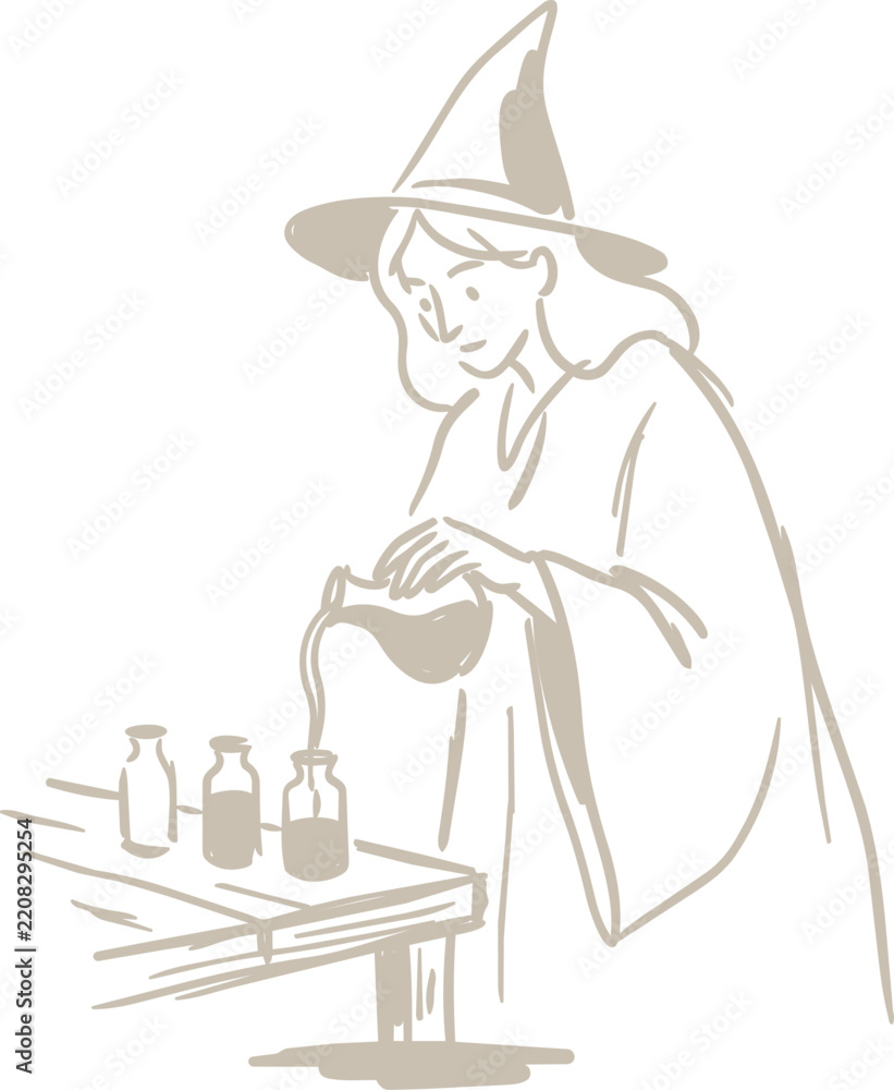 Obraz premium Witch stirring a potion beside bottles at a wooden table in monochrome line art