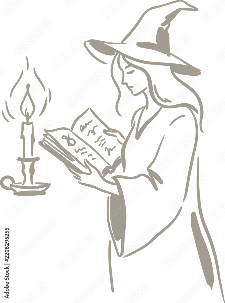 Obraz premium Witch reading a spellbook beside a candle in monochrome line art illustration