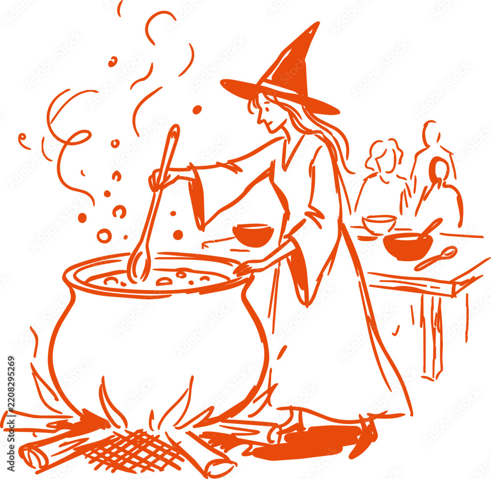 Obraz premium Witch stirring a bubbling cauldron beside a campfire, hand drawn vector illustration