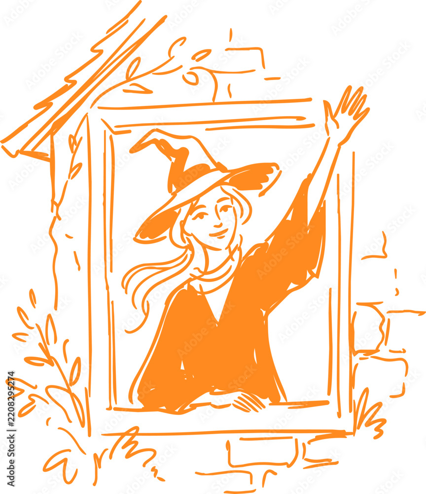Obraz premium Orange witch raising one hand in a framed window hand drawn illustration