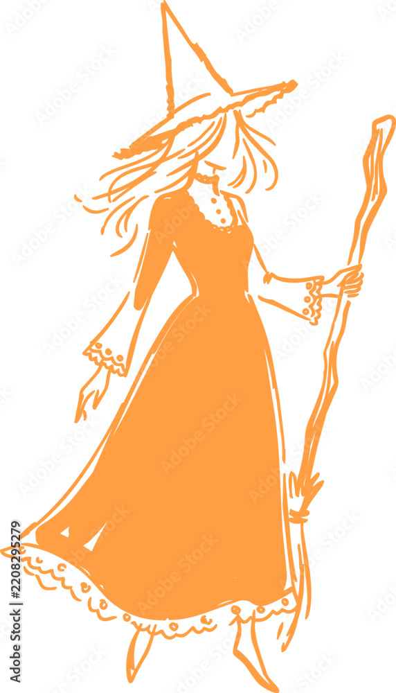 Obraz premium Orange witch in pointed hat holding broom as full body hand drawn vector illustration