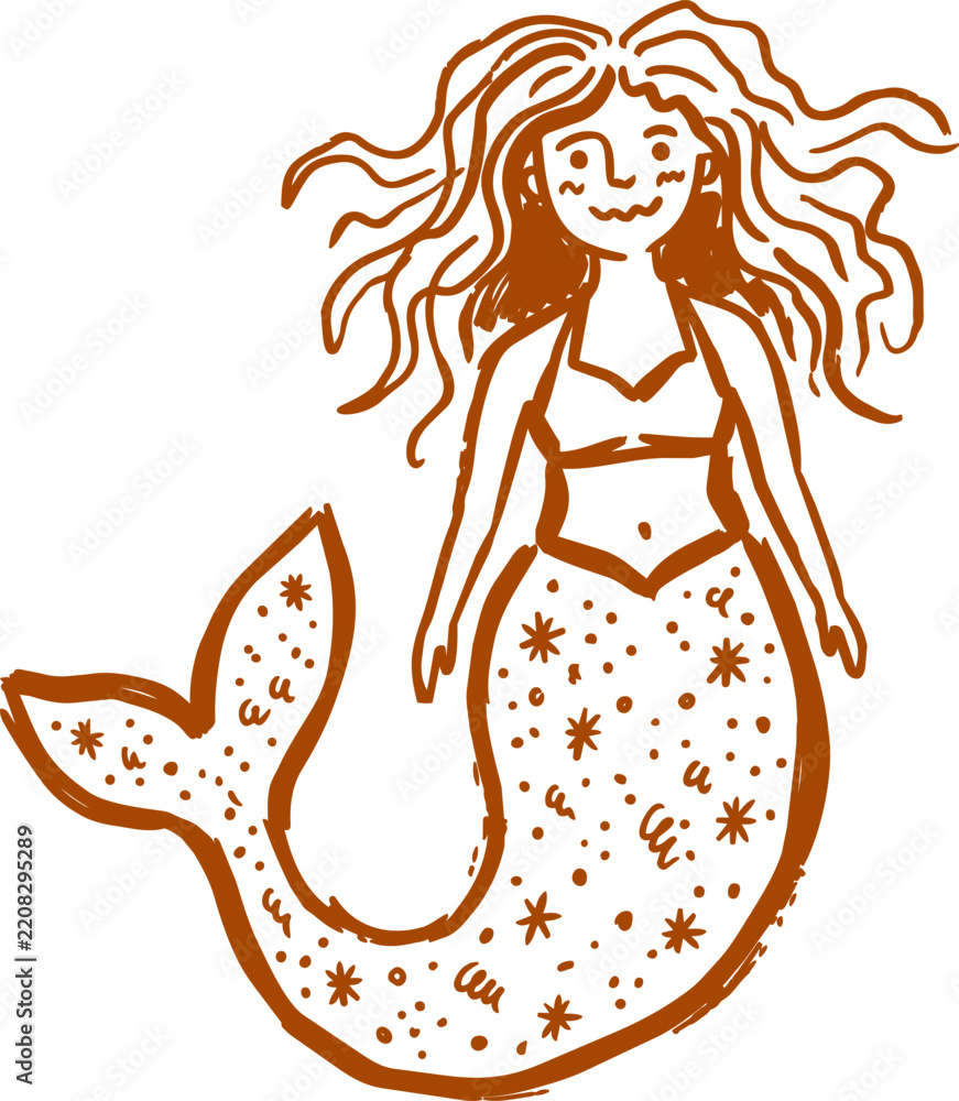 Obraz premium Mermaid with flowing hair and floral tail hand drawn vector illustration portrait