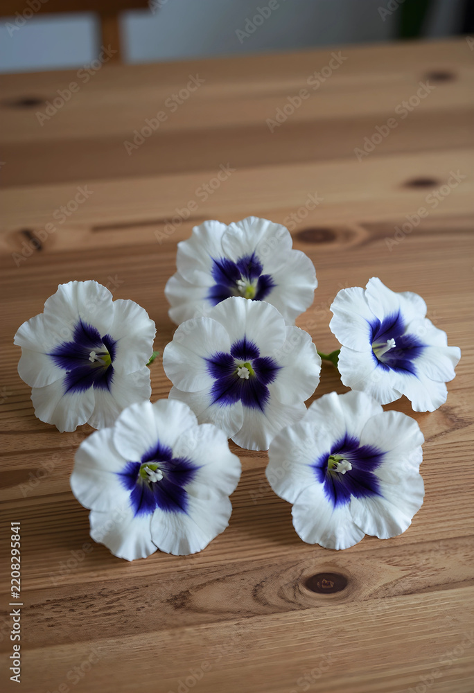 Obraz premium Springtime renewal and floral beauty, white and purple flowers arranged on a rustic wooden table for home decor and botanical wellness background