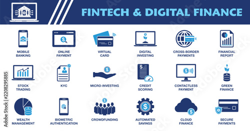 FinTech & Digital Finance Icon Set. Collection of Mobile Banking, Digital Payments, Investing, Credit Scoring, Wealth Management and More Icons. Editable Vector Illustration.