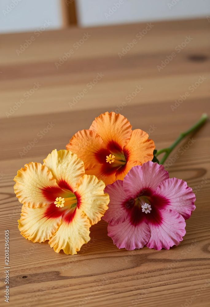 Obraz premium Tropical floral beauty and summer wellness, three colorful hibiscus flowers on a wooden table for spa relaxation and natural skincare branding concepts