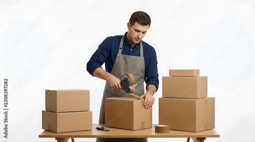 Fototapeta premium Man working in warehouse sealing cardboard shipping box with adhesive tape dispenser