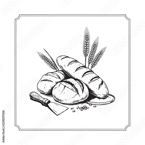 Loaves of bread with wheat stalks and knife black and white sketch