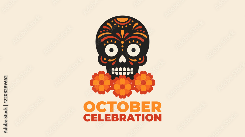 Fototapeta premium Sugar skull with marigold flowers for día de los muertos celebration