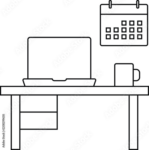 Remote work desk workspace icon line art vector illustrating laptop computer, desk, coffee mug, and wall calendar for home office, freelance work, planning schedule, and modern business workflow