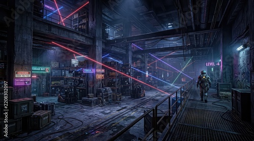 Astronaut walks through underground concrete warehouse with neon