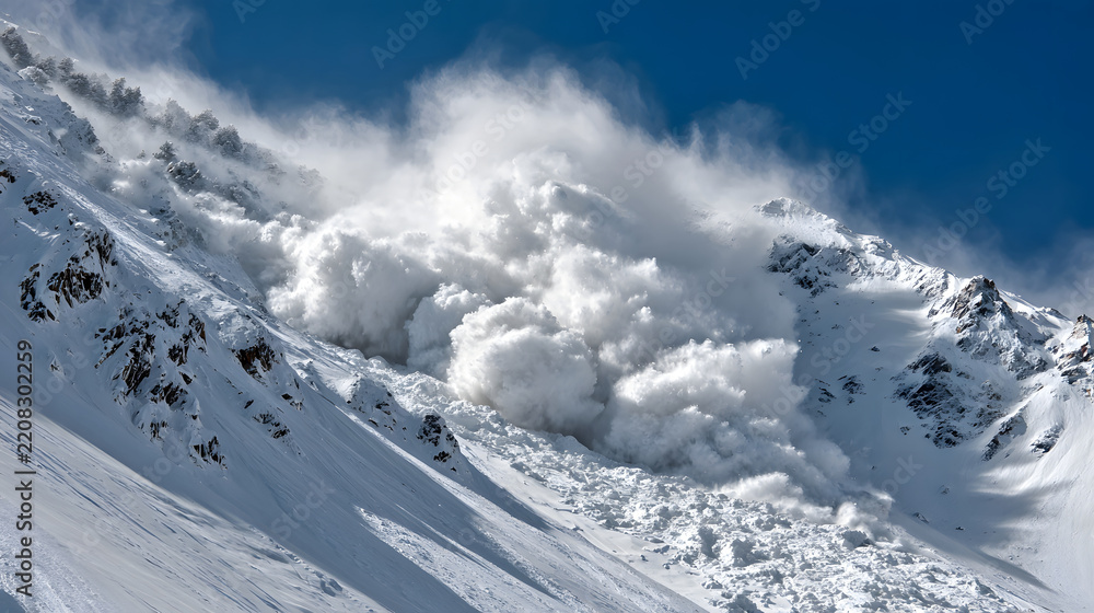 Obraz premium Dramatic avalanche cascading down steep snowy mountain slope beneath deep blue sky with swirling powder and rugged peaks