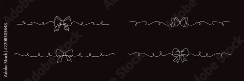 Girly coquette bow ribbon banners set. Editable stroke hand drawn line. Vector isolated on black background for design template birthday, wedding, Christmas card, invitation, sale