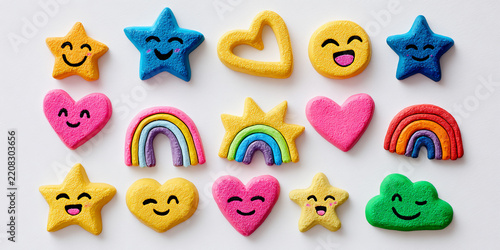 Clay figures shaped like smiling characters.