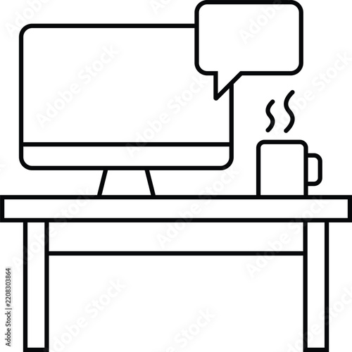 Remote work desk workspace icon line art vector illustrating desktop computer, chat speech bubble, hot coffee mug, freelance office set, and online communication workflow