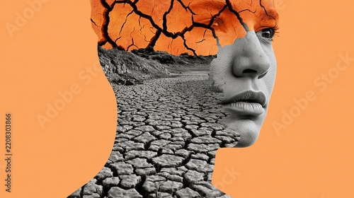 Conceptual Surreal Portrait of Woman with Cracked Dry Earth Soil