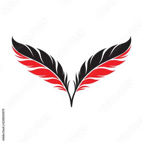 Elegant Black and Red Feather Wings Vector Illustration Symmetrical Quill Wing Design
