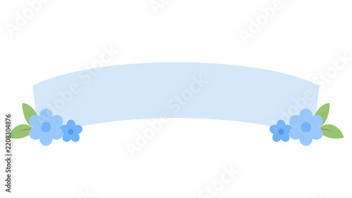 Cute blue flower ribbon banner vector illustration, Floral curved text frame for greeting card, Wedding invitation spring border element, Pastel blank label concept