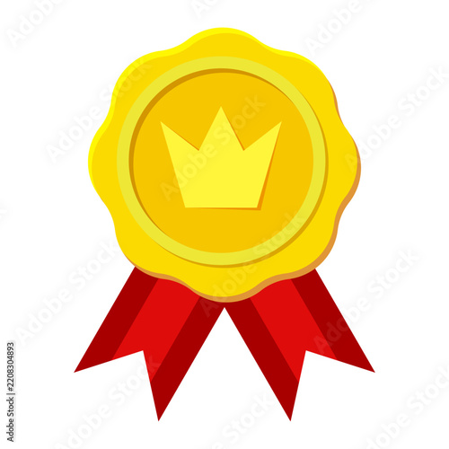 Gold award badge vector illustration with red ribbon and crown, Winner achievement medal for certificate, Premium quality guarantee seal concept, First place winner rosette label