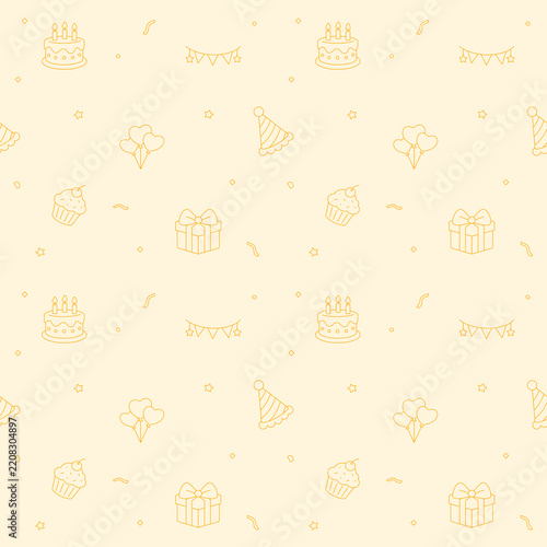 Birthday party seamless pattern on cream background, Celebration utensils line art background, Gift box cake balloons collection, Event party accessories wallpaper, Anniversary event concept
