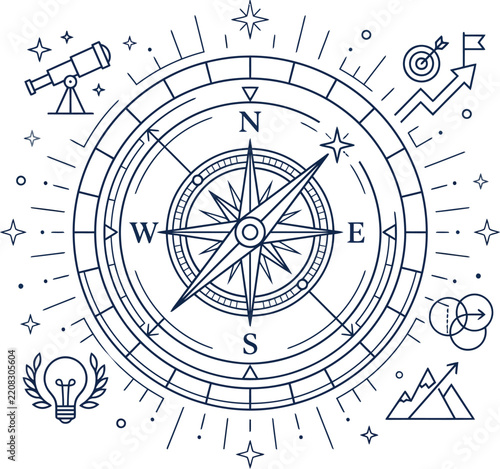 vintage nautical compass with business strategy icons thin line illustration art