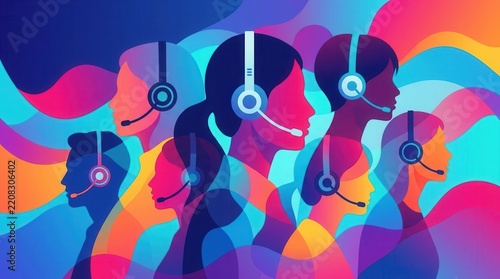 Minimalist abstract banner design showcasing a customer service concept through headset wearing woman silhouettes.