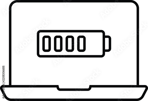 Laptop computer screen with battery charging level indicator icon line art vector illustrating low power supply modern tech workspace low battery life and electrical energy status UI element