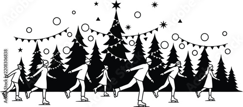 Winter scene with ice skaters and christmas trees silhouette isolated on transparent background