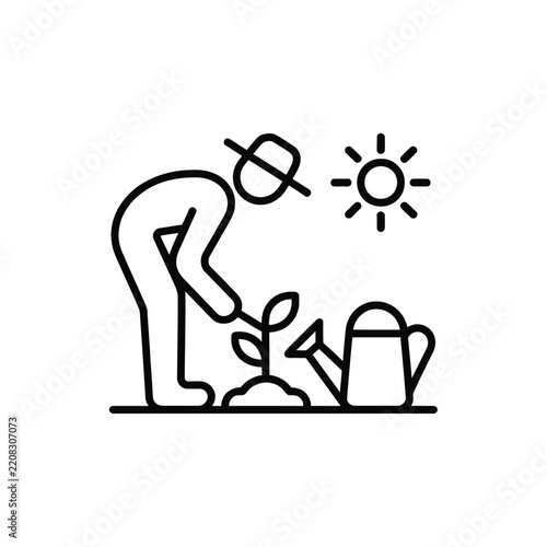 Gardener outline icon planting seedling under sun with watering can for hobby.