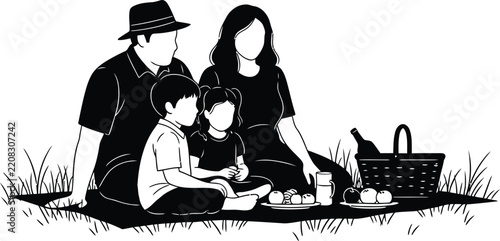 Family picnic silhouette with children and basket isolated on transparent background