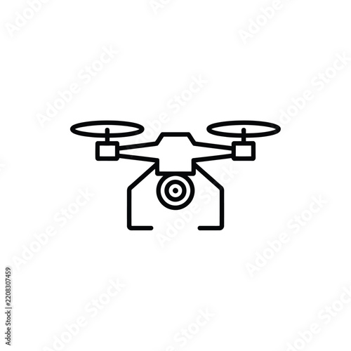 Modern quadcopter drone with camera line icon for aerial photography technology.