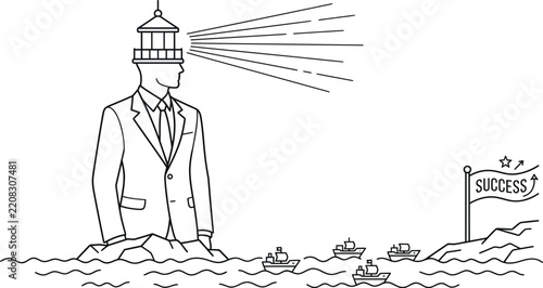 businessman with lighthouse head guiding ships to success goal continuous line art