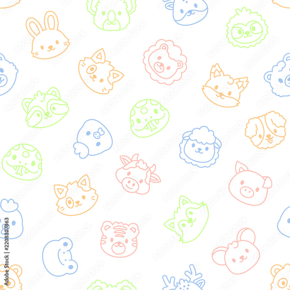 Obraz premium Animal face seamless pattern set featuring rabbit koala deer sloth lion fox raccoon sheep dog pig cow tiger mouse bear