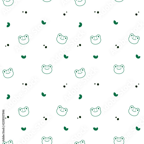 Animal face seamless pattern set featuring frog leaf head dot eye mouth smile cartoon character emotion outline linework amphibian contour