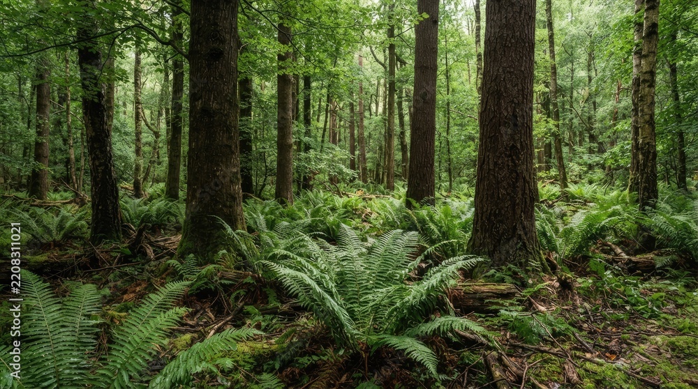 Obraz premium Lush green forest with dense ferns.