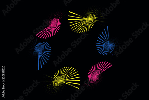 Colorful Spiral Particle Bursts, Abstract Digital Motion Pattern on Black Background