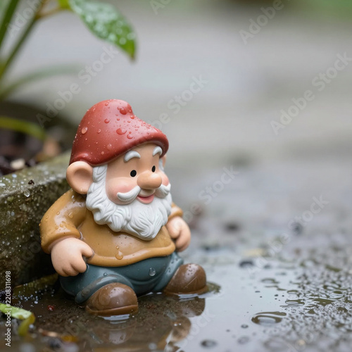 Small garden gnome figurine sitting in a puddle after a rain shower