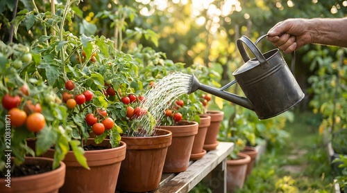 Hands watering vibrant tomato plants and lush greenery in a home garden