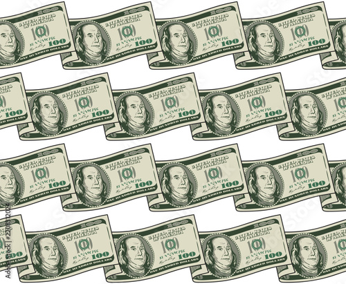 Seamless geometric pattern with wavy folded 100 USD bills. Banknotes arranged in horizontal rows. Front side is visible. Detailed color money illustration on transparent background.