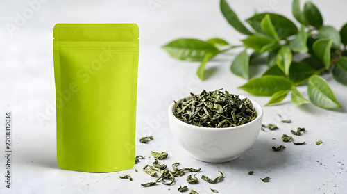 Green tea leaves in a white bowl and standing package mockup on white surface