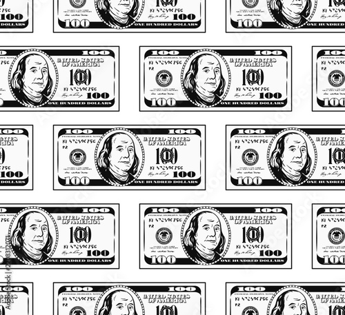 Seamless geometric pattern with 100 USD bills in horizontal rows with offset layout like brick wall. Obverse, front side is visible. Black and white money illustration on transparent background.