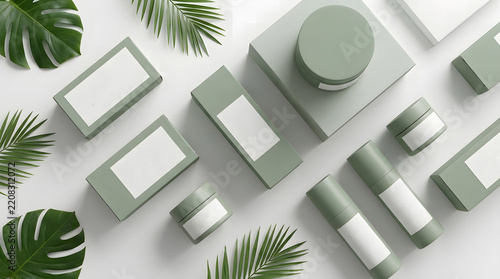 Minimalist beauty product flat lay with green leaves on a white background