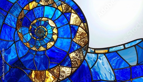 Stained Glass Spiral Shell Nautilus Pattern Blue Gold Fibonacci Art Concept