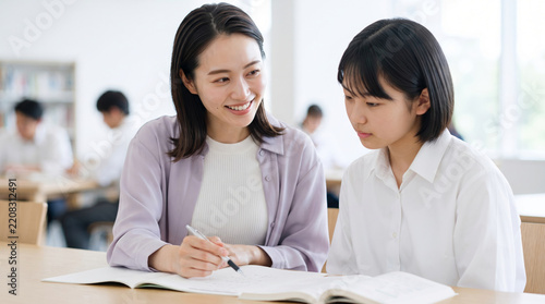 勉強を教える女性講師と熱心に学ぶ女子学生
