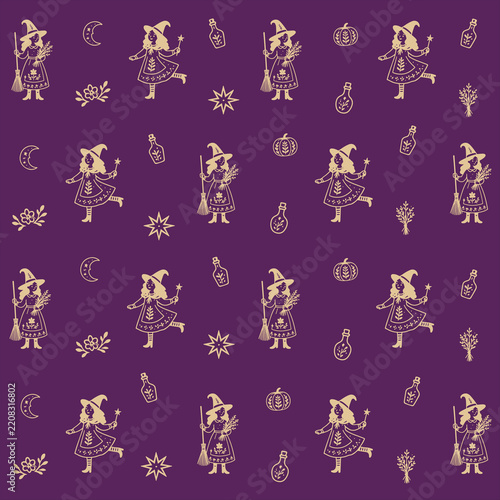 Witch Broom and Magic Hat Seamless Pattern on Dark Purple Background for Halloween