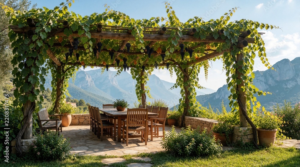 Obraz premium Wooden pergola covered with green grape vines shades outdoor dining area. Empty patio set with large table, chairs overlooks scenic mountains. Summer garden terrace offers peaceful lunch spot with