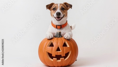Happy Jack Russell Terrier gently blinking and tilting its head while resting its paws on a carved Halloween pumpkin against a clean white background.