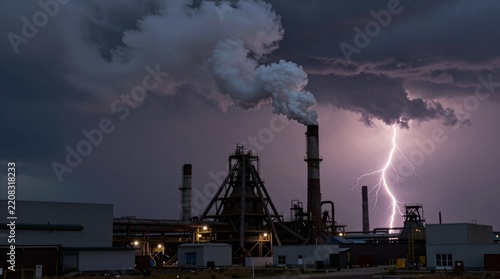 A dramatic scene of an industrial power plant surrounded by dark storm clouds and striking lightning. The image captures the power of nature and human industry.