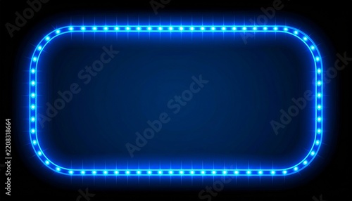 Blue Neon Light Frame with Glowing Dots on Dark Background, Modern Empty Banner Design