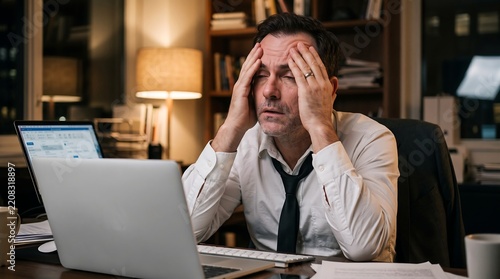 Tired stressed businessman with hands on forehead working late at desk in home office.