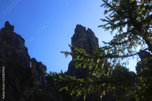 Aerial view of Mnichy Chochołowskie rock towers and Skorusi Źleb gully on a sunny summer day, Tatra Mountains